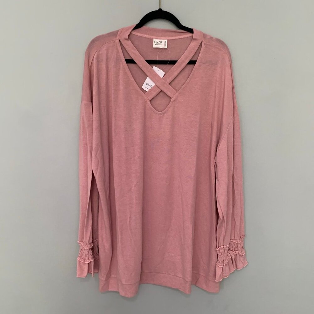 NEW Suzanne Betro Top Women 4X Pink Crisscross V-Neck Smocked Cuff Long Sleeve - Picture 1 of 10